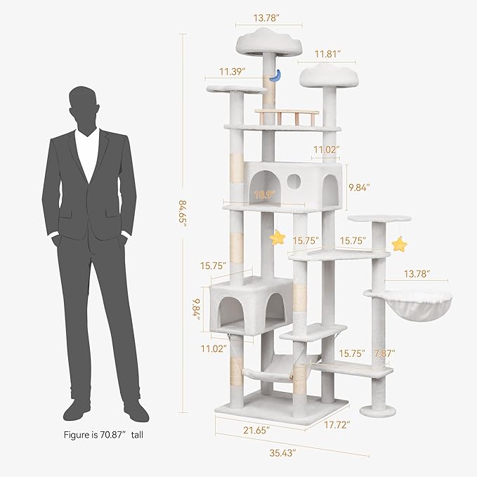 85in Tall Cat Tower for Heavy Duty Big Cats, Large Cat Tree with Scratching Post, Plush Perches, Cozy Cat Condos & Hanging Hammocks for Maine Coon, White-Mewly Pet