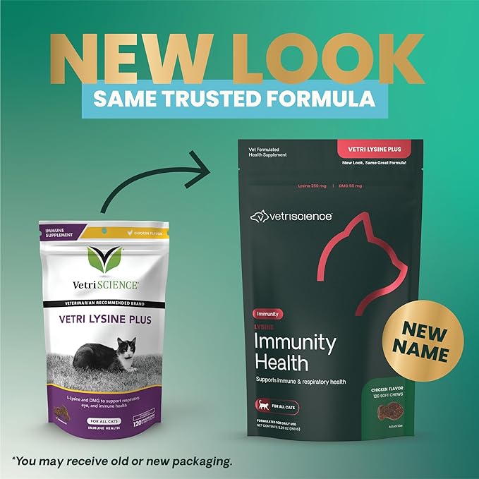 VetriScience Lysine Immunity Health Chews, 250 mg Lysine Plus Immune Supplement for Cats and Kittens with Allergies, Sneezing, Runny Nose and Watery Eyes, Chicken, 120 Count-Mewly Pet