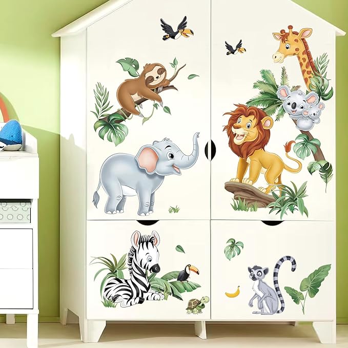 decalmile Jungle Animals Wall Decals Safari Elephant Lion Giraffe Door Wall Stickers Baby Nursery Kids Room Toddler Room Wall Decor