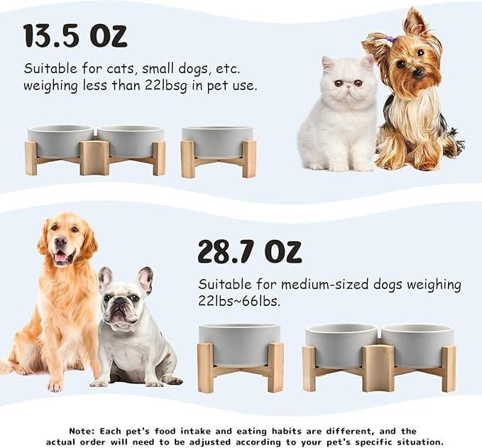 SPUNKYJUNKY 15° Slanted Ceramic Dog and Cat Bowl with Wooden Stand, Tilted Bulldog Food and Water Bowl No Slip Non-Spill for Cats Medium Dogs Big Face Pets 13.5 OZ (1.7 Cups, Grey × 2)-Mewly Pet