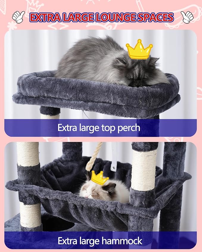 Cat Tree, Cat Tower for Large Cats with 2 Big Platforms, 2 Baskets, condo and Toys, 63" Cat Scratching Posts for Indoor Cats, Smoky Gray GCT020G-Mewly Pet