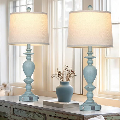 27.5" Coastal Table Lamp for Living Room Set of 2,Retro Blue Bedside Nightstand Lamps with USB C+A Ports & AC Outlet,3-Way Dimmable Touch Control Desk Lamp for Bedroom