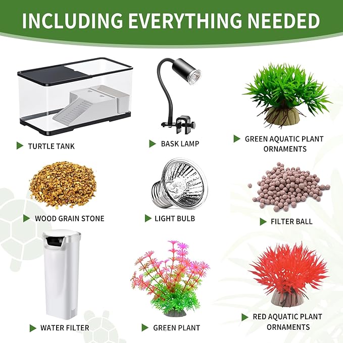 (Tank + Light + Filter + Filter Balls) Turtle Tank Kit, Turtle Tank Starter Kit,Bottom Drainage, Multi-Function Areas for Turtles, Crabs,Fishes, Amphibians,Reptiles.(15.75 x 8.64 x 8.64 Inch)-Mewly Pet