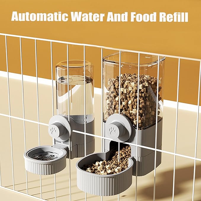 GKYZBB Hanging Automatic Food Water Dispenser,Rabbit Feeder Guinea Pig Water Bottle Food Feeder for Ferret Guinea Pig Rabbit Bunny Cage Accessories (Grey, 520ml+1200ml)-Mewly Pet