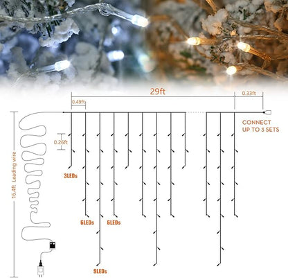 Toodour Christmas Icicle Lights Outdoor, 2 in 1 White & Warm White Color Changing Icicle Lights with 60 Drops, 29.5ft 360 LED Christmas Light Fairy Twinkle Light for Wedding Home Outdoor Xmas Decor
