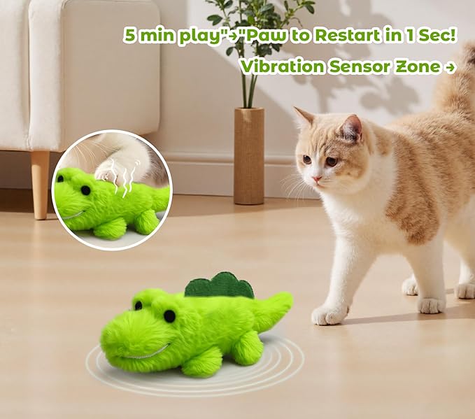 Interactive Cat Toys for Indoor Cats - Automatic Moving Cat Chase Toy for Bored Indoor Adult Cats - 360° Random Movement, Tail Wagging & Catnip Stimulation - Electric Croc(Long Plush)-Mewly Pet
