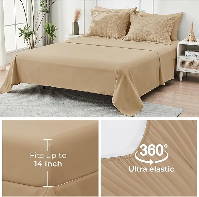 HYMOKEGE Khaki Full Size Comforter Sets Seersucker 7 Pieces, All Season Luxury Bed in a Bag for Bedroom, Bedding Set with Comforter, Sheets, Pillowcases & Shams