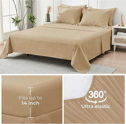HYMOKEGE Khaki Full Size Comforter Sets Seersucker 7 Pieces, All Season Luxury Bed in a Bag for Bedroom, Bedding Set with Comforter, Sheets, Pillowcases & Shams