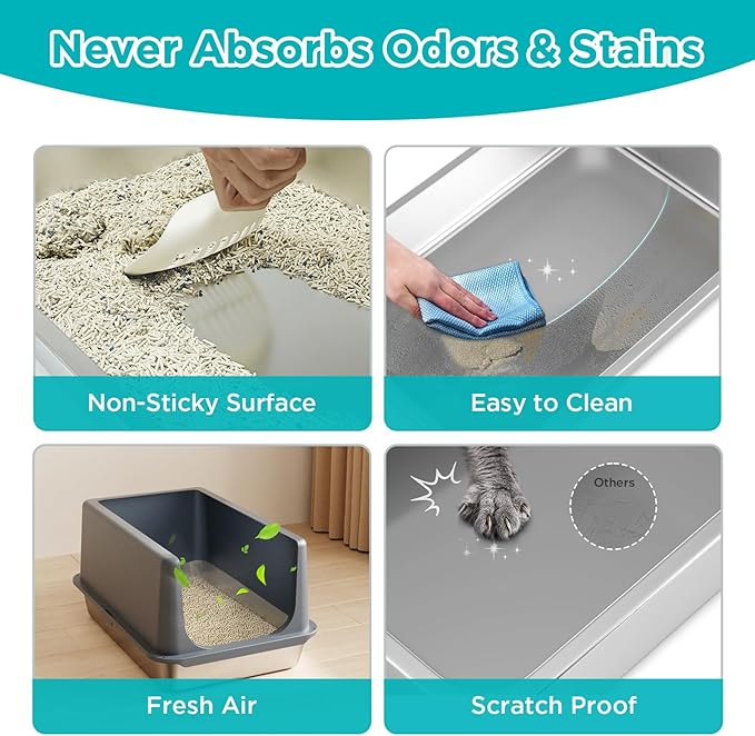 LIHONG Stainless Steel Litter Box with Lid, XL Metal Cat Litter Tray for Indoor Cats, Enclosure Cat Litter Pan for Large Cats, Non-Sticky Large Kitty Litter Box, Anti-Leakage, 23.5" X 15.6" X 12"-Mewly Pet