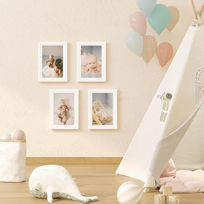 KINLINK A4 Kids Art Frames Set of 2, Solid Wood Kids Artwork Frames Changeable with Acrylic Front Opening Holds 150 Pictures 8.3x11.7, Art Frame for Kids Artwork with Mat or without Mat, White