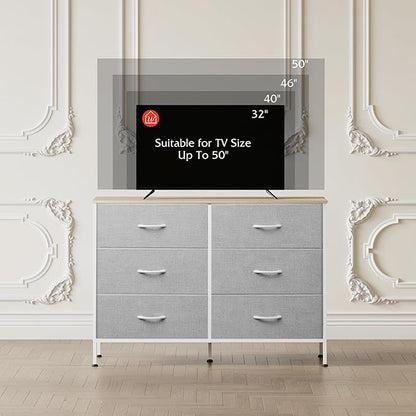 WLIVE 6 Drawer Dresser for Bedroom, Wide Fabric Dresser TV Stand for 50 Inches TV with Metal Frame, Wooden Top, Chest of Drawers, Storage Organizer for Living Room, Hallway, Light Grey