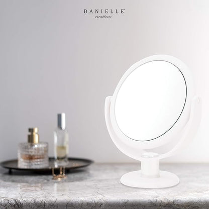 Danielle Creations 6.75-Inch Portable Two-Sided Vanity Round Vanity Makeup Mirror, No-Slip Soft Touch with 360 Rotation, 10x Magnification, White