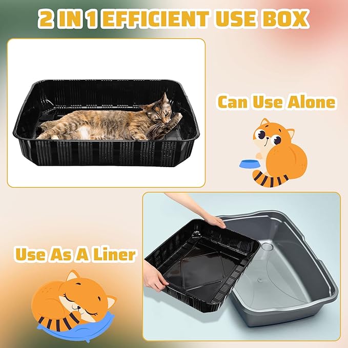 Zubebe 50 Pack Disposable Cat Litter Box for Cats, Large Disposable Kitty Litter Tray Boxes 19.69 x 15.75 x 3.94 Inches Plastic Pets Pan Standard for Indoor Home Travel Portable(Black)-Mewly Pet