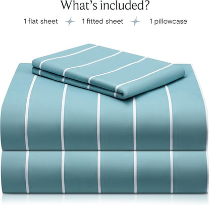 LuxClub Striped Sheets, 3 PC Striped Bed Sheets Twin Size, Deep Pockets Wrinkle Free-Kids-Fitted Sheets Machine Washable Hotel Bedding (Twin, Light Blue)
