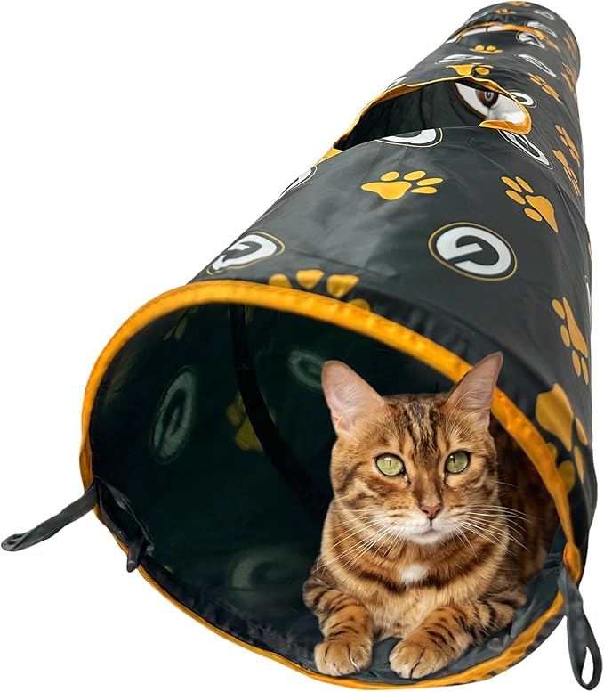 NFL Green Bay Packers Cat Tunnel Tube Toy with Plush Football Catnip and Feathers Collapsible Tunnel for Cats to Play, Peek and Hide, Sporty & Fun Cat Tunnel Toy with Team Logo All-Over Design!-Mewly Pet