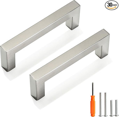 Cabinet Pulls Brushed Nickel Cabinet Handles Square Drawer Pulls, 30 Pack 3-3/4 Inch Stainless Steel Kitchen Door Cupboard Cabinet Handles, Cabinet Hardware Drawer Handles, 96mm Hole Centers