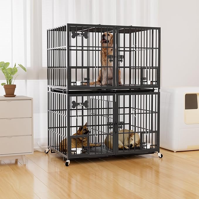 aboxoo 42 inch Stackable Heavy Duty Metal Dog Crate for 4 Dogs/Large Dog,All Metal Open Top Access,Escape Proof Cage,Dog Kennel Indoor with Wheels,Floor Grid, Tray, Divider and Feeding Bowl-Mewly Pet