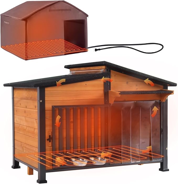 GUTINNEEN Heated Dog House Outdoor Dog Kennel with Safe Heated Pad, Chew-Proof Metal Frame and Rotating Food Bowl for Small to Medium Dogs, 39.7"x25.5"x32.2" (Dark Brown)-Mewly Pet