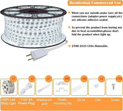 SURNIE 150ft LED Rope Lights Outdoor Waterproof: 110V Daylight White Dimmable Flat Strip Light 6500K Cuttable Connectable for Stairs Deck Backyards Commercial Indoor Outdoor Lighting, Not Tube Rope