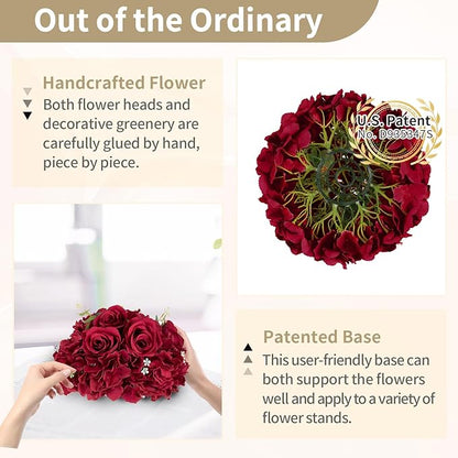 NUPTIO Flower Balls for Centerpieces Wedding: 2 Pcs 11.8 inch Diameter Artificial Flower Ball Arrangement Bouquet Centerpiece for Tables - Burgundy Fake Rose Flowers for Wedding Decor