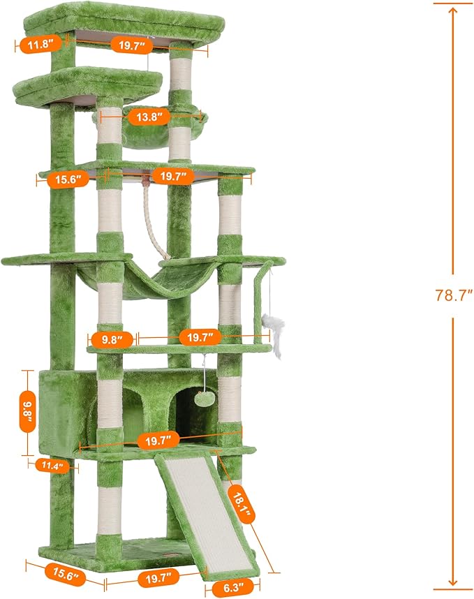 Heybly Tall Cat Tree,78 inch Multi-Level Cat Tower for Indoor Cats, 2 Widened Plush Perches Cat Condo with Scratching Board and Big Caves, Green HCT033GR-Mewly Pet