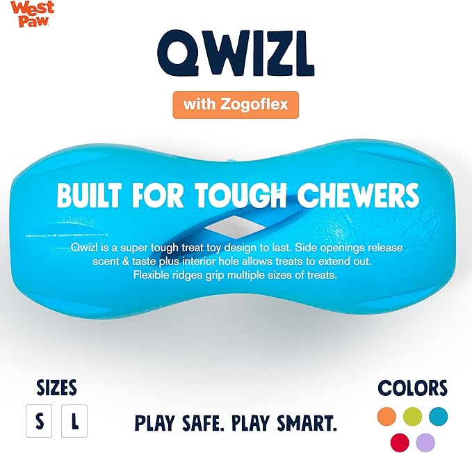 West Paw Zogoflex Qwizl Interactive Treat Dispensing Dog Puzzle Treat Toy for Dogs, 100% Guaranteed Tough, It Floats!, Made in USA, Large, Aqua Blue-Mewly Pet