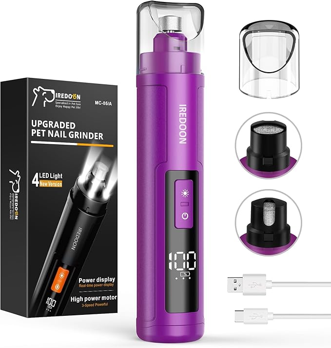 Dog Nail Grinder Upgraded - Professional 3-Speed Super Quiet and Low Vibration Electric Pet Nail Grinder with 4 LED Lights - Painless Paws Grooming & Smoothing for Small to Large Dogs (Purple)-Mewly Pet