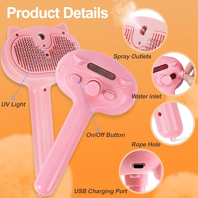 Cat Steam Brush for Shedding, 4 in 1 Steamy Cat Brush with Release Button, Self Cleaning Metal Pet Misting Hair Comb with Handle for Grooming Kitten Dog(Pink)-Mewly Pet