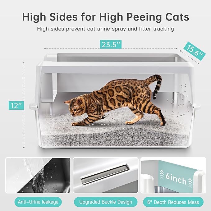 Stainless Steel Cat Litter Box with Lid, XL Metal Litter Box for Big Cats, Extra Large Litter Box with High Sides, Never Absorbs Odors, Non-Sticky, Easy Clean, Anti-Urine Leakage, with Scoop-Mewly Pet
