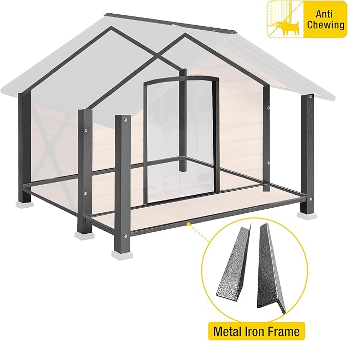 Aivituvin Dog House with Anti-Chewing Metal Frame Outdoor Large Wooden Dog Kennel Outside with Overhang Roof Large Porch Weatherproof-Mewly Pet