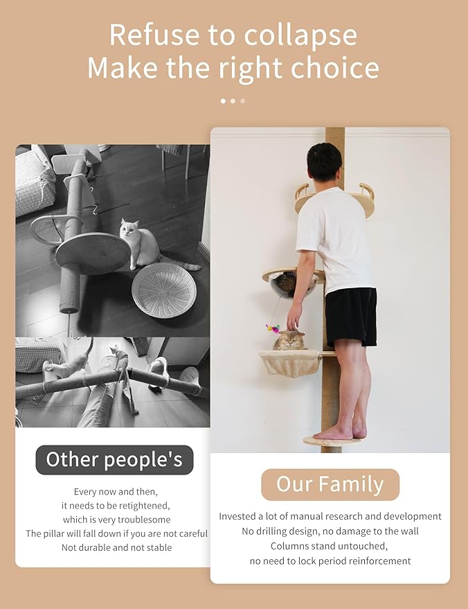 Floor-to-Ceiling Cat Tree with Natural Sisal Rope Scratching Post - Adjustable Height (55-119 Inches) - Modern Cat Activity Tree, Cat Scratcher Post-Mewly Pet