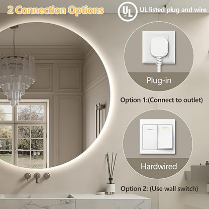 Niccy Round Led Mirror for Bathroom, 44" Circle Frameless Backlit Mirror wiht Light, Anti-Fog, 3 Colors, Waterproof, Memory Function