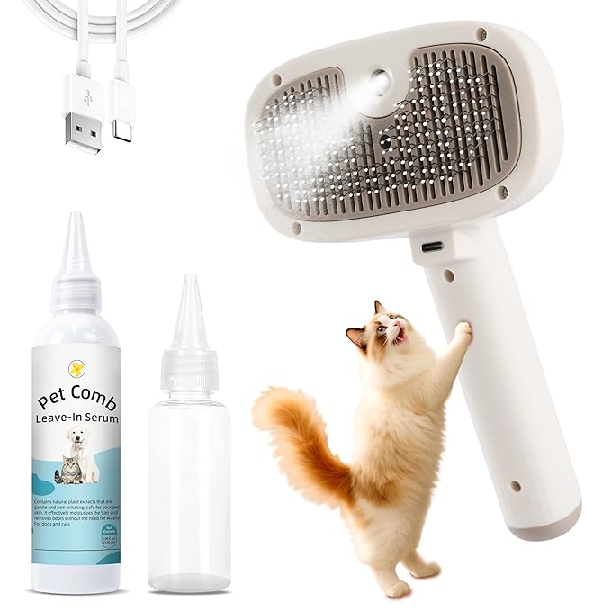 Cat Steam Brush, Dog Brush for Shedding, Pet Spray Hair Removal Comb, Pet Grooming Brush for Short & Long Haired Dogs & Cats,Spritz Defur Comb with Waterless Shampoo (White)-Mewly Pet