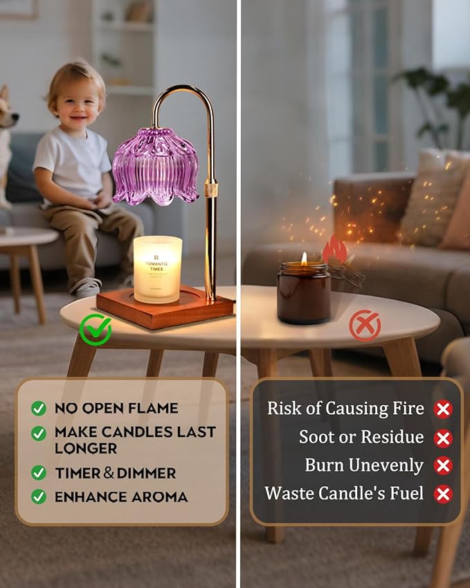 Purple Candle Warmer Lamp with Timer & Dimmer, Candle Lamp Warmer Adjustable Height, Gifts for Women Mom Birthday Christmas, House Warming New Home Bedroom Decor, Flower Wax Warmer for Jar Candles