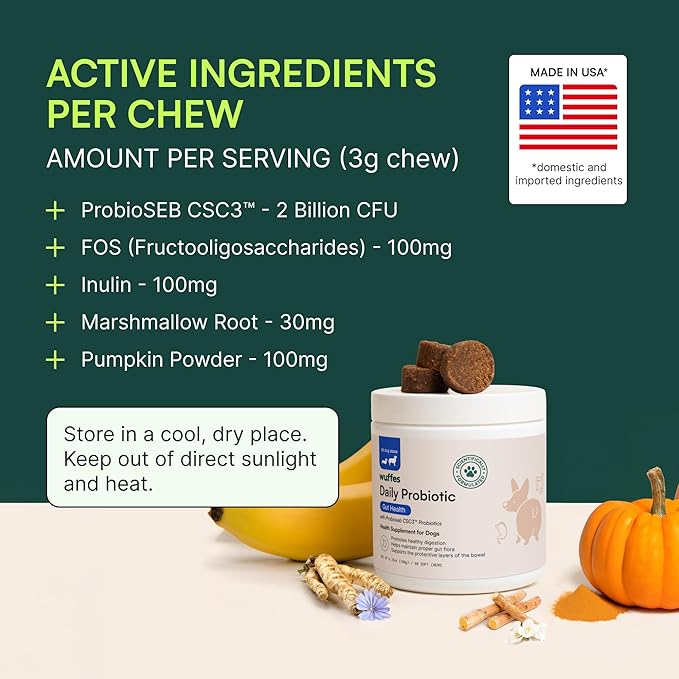Wuffes Daily Probiotic for Dogs - Supports Digestive Health, Gut Balance, and Immune System - with Prebiotics, Marshmallow Root, and Pumpkin Powder (120 Chews (Pack of 2))-Mewly Pet
