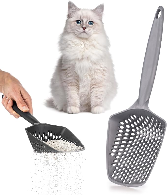 Set of 1 Cat Litter Scoop with Small Holes, Deep Sifting Shovel for Fine Litter, Reptile Terrarium Sand & Rabbit Pooper Lifter, Hanging Handle Poop Scooper (Gray, Set of 1)-Mewly Pet