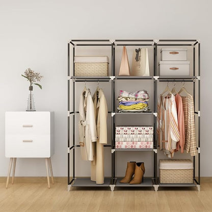 Portable Closet Wardrobe, 51-Inch Clothes Organizer with 2 Hanging Rods and 8 Shelves, Non-Woven Fabric Cover, Medium Capacity Storage for Bedroom and Living Room, Grey