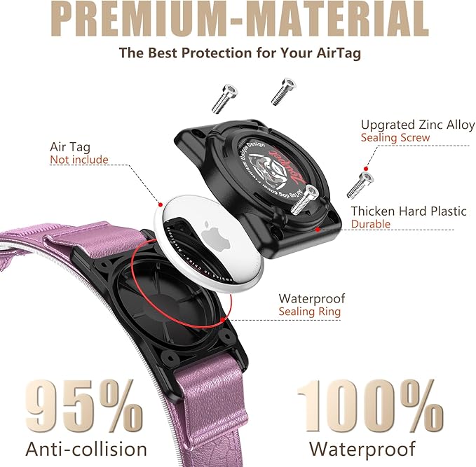 AirTag Dog Collar - Leather Dog Collar with Airtag Holder | IP68 Waterproof AirTag Holder with Metal Buckle, Comfortable GPS Dog Collars Tracker for Medium Large Dogs (Rose Gold, L)-Mewly Pet