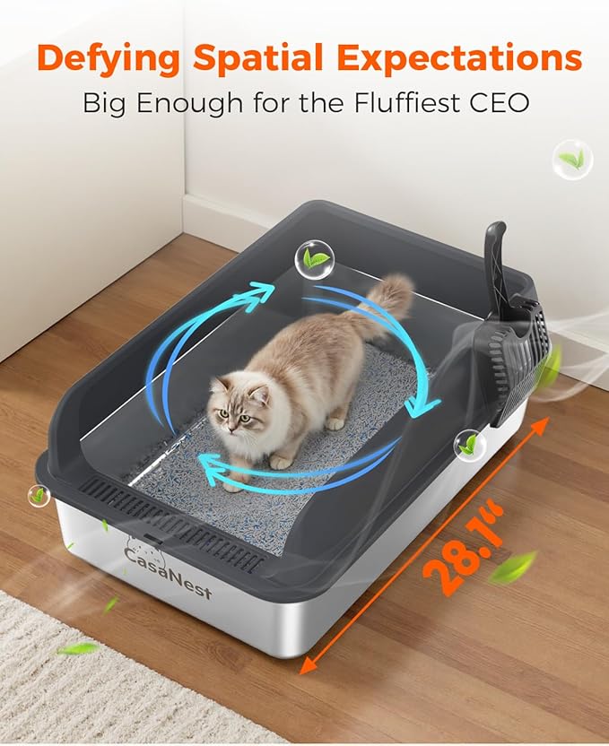 XXXL Stainless Steel Cat Litter Box 28.1''×20.5''× 10.1” Extra Large Metal Cat Litter Box for Big, Multi Cats, Anti-Leakage & Non-Stick Metal Pan, Easy to Clean, Durable (Black-Mewly Pet