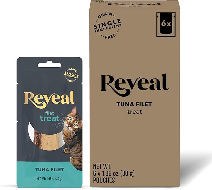 Reveal Natural Cat Treats, 6 Count Single Ingredient Treat for Cats, Grain Free, Whole Tuna Loin, 1.06 oz Bags-Mewly Pet