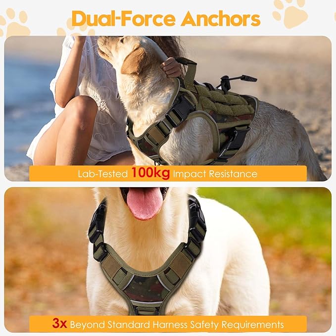 Heavy-Duty Tactical Dog Harness for Large Dogs, No Pull Adjustable Reflective Pet Vest with Molle System, K9 Military-Grade Control for Service Training, Outdoor & 10+ Breeds, Green Camo, Medium-Mewly Pet