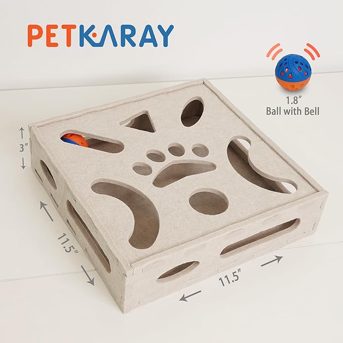 PETKARAY Felt Cat Puzzle Toy, Interactive Cat Toys for Indoor Cats, Interactive Maze for Kitten Felt Puzzle Box with Ball, Beige-Mewly Pet