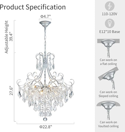 WUZUPS Crystal Chandelier 10-Light Pendant Ceiling Light Modern Lighting Fixture for Dining Room Hallway Bedroom Kitchen Bathroom, H 27.6" x W 22.8", E12 Base, Silver