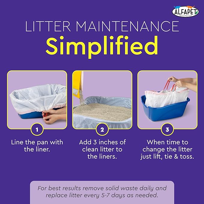 Alfapet Heavy Duty Flat Bottom Cat Litter Box Liners - Extra Giant 15 Count - Tear-Resistant Cat Litter Bags - Kitty Litter Liners for Rectangular Litterbox Pans, 36” x 18” x 2MIL Thick 30 lb Capacity-Mewly Pet