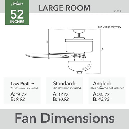 Hunter 52 inch Indoor Ceiling Fan with LED Light - White Ceiling Fan with Pull Chain, For Bedroom or Living Room, Standard Mount, No Remote, 5 Blades, Includes Bulbs - Builder Deluxe 53089, White