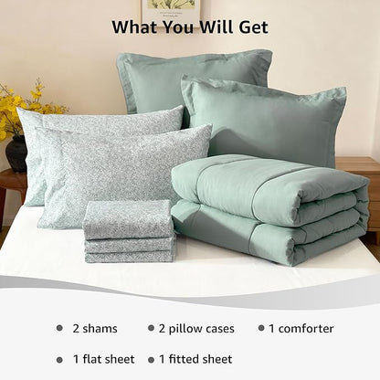 Monbix Queen Comforter Set - 7 Pieces Sage Green Bed in a Bag Queen Track Stitching Bedding Sets, All Seasons Down Alternative Comforter Bed Set with Sheets,Pillowcases & Shams