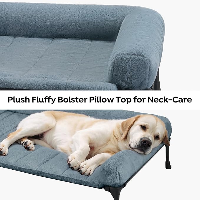 Veehoo Cooling Elevated Dog Bed with Fluffy Plush Bolster Cushion, Indoor Raised Dog Beds for Large Dogs, Soft Pet Sofa Cot with Removable Washable Mat, No-Slip Feet, 42 x 30 inches, Haze Blue-Mewly Pet