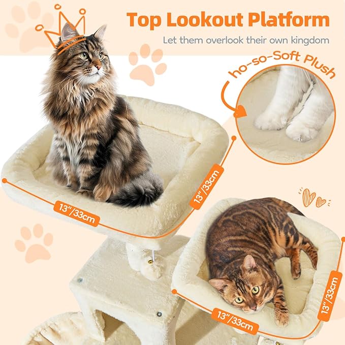 Taoqimiao Large Cat Tree，73-Inch Cat Tree Tower with 9 Scratching Posts for Indoor Cats, 2 Large Cat Condo with Hammock, Hanging Basket, 2 Extended Platform, Beige MS013XLM-Mewly Pet