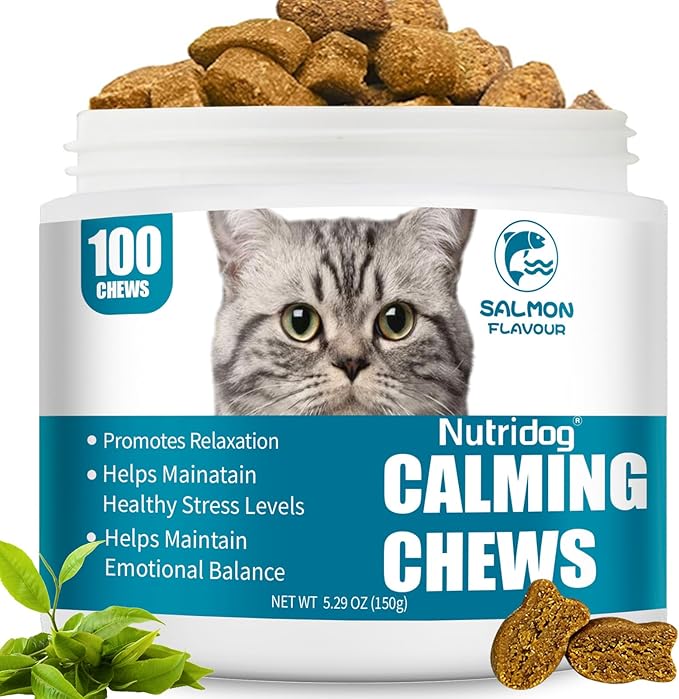 Cat Calming Treats - 100 Count Salmon Chews with Organic Chamomile & Ginger, Stress Relief Supplement for Separation Anxiety, Vet Visits & Thunderstorms (Salmon)-Mewly Pet
