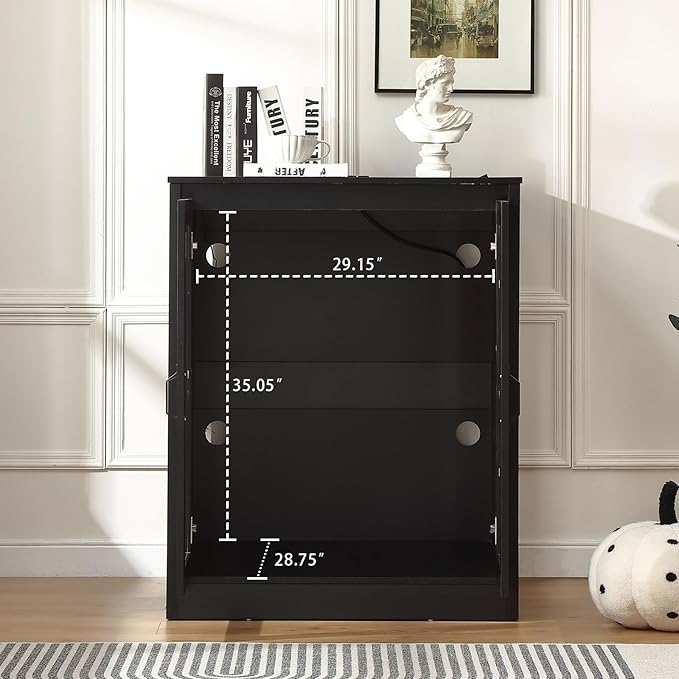 Cat Litter Robot Enclosure with Glass Cat-Observant Doors,Litter Robot Cabinet with Reversible and Optional Entry(Left or Right),Cozy LED for Cats,Power Outlet for More Choice, Black-Mewly Pet